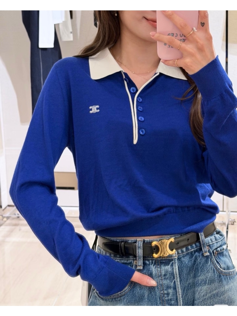 Celine Triomphe Logo Knit Polo Sweater in Royal Blue