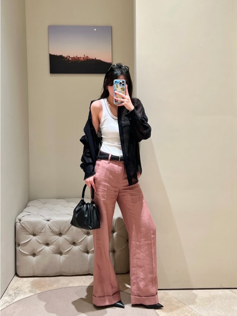 Brunello Cucinelli 100% Linen Wide-Leg Trousers in Custom Plum Pink