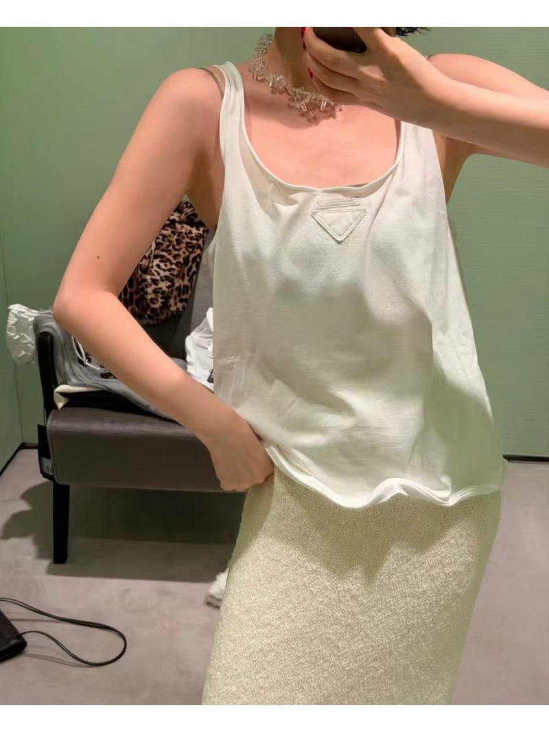 Prada 100% Pure Cotton U-Neck Cropped Tank Top with Adjustable Pleated Hem - White