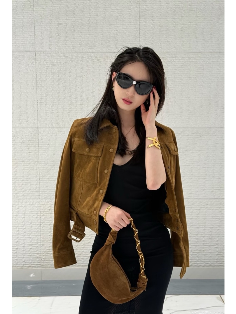 Saint Laurent 100% Suede Lambskin Belted Retro Utility Jacket in Tobacco