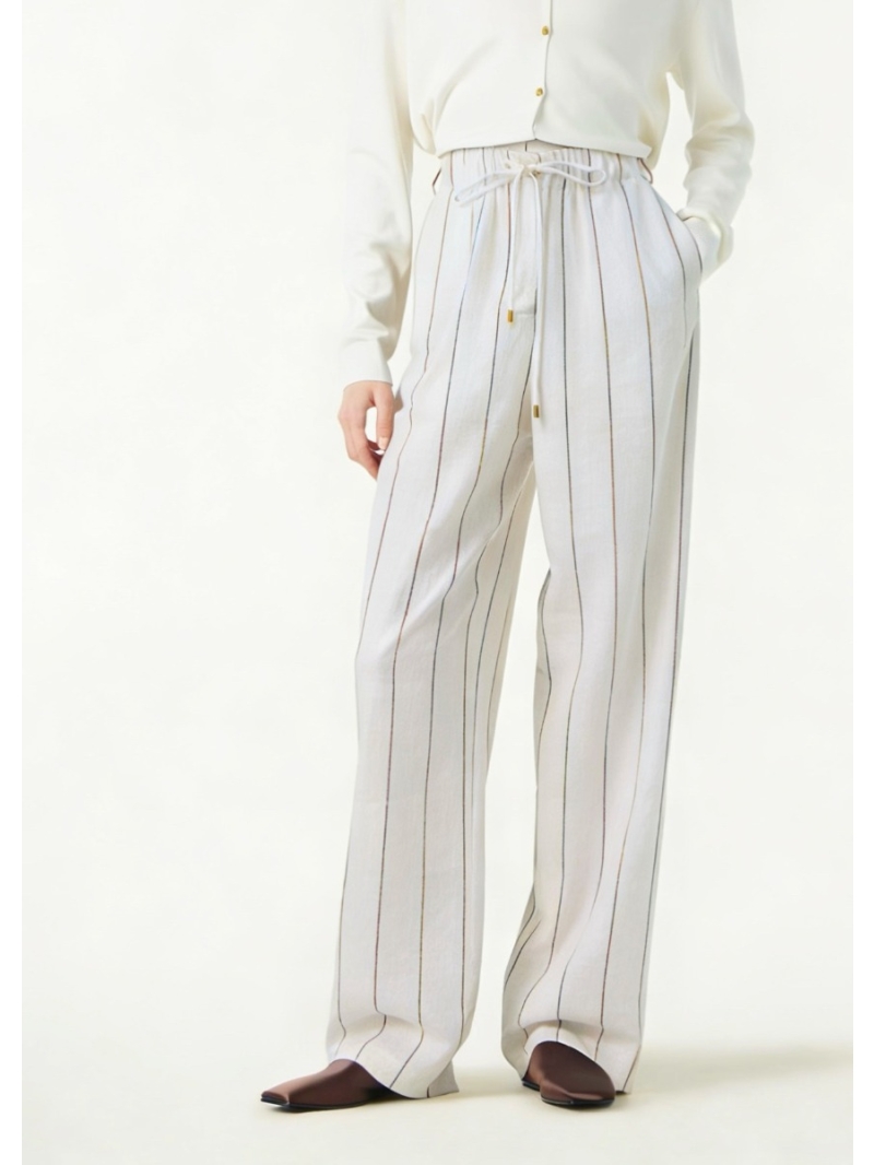 Loro Piana 100% Imported Striped Linen Helios Straight-Leg Trousers - Cream Multi-Stripe - Quiet Luxury Aesthetic
