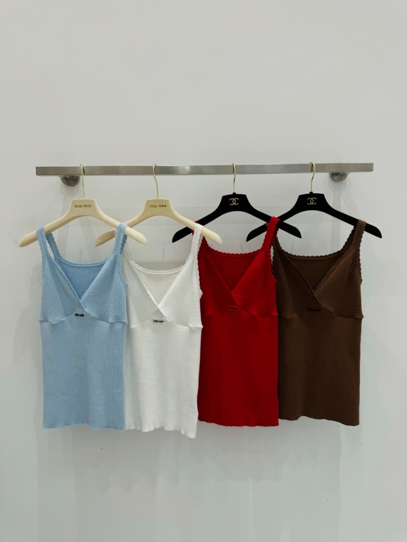 Miu Miu Chocolate Brown Crossover V-Neck Knit Camisole - 18-Gauge Pure Cotton Slim Fit Tank Top