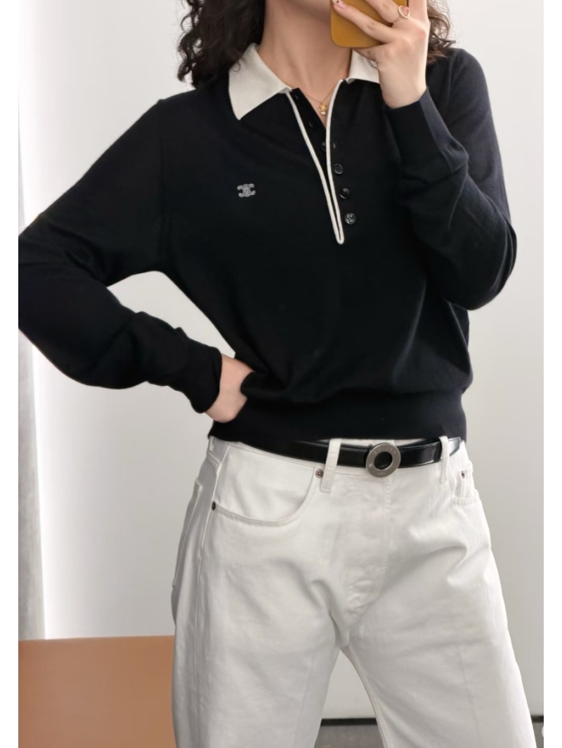 Celine Triomphe Embroidered Wool Polo Knit Sweater in Black/White