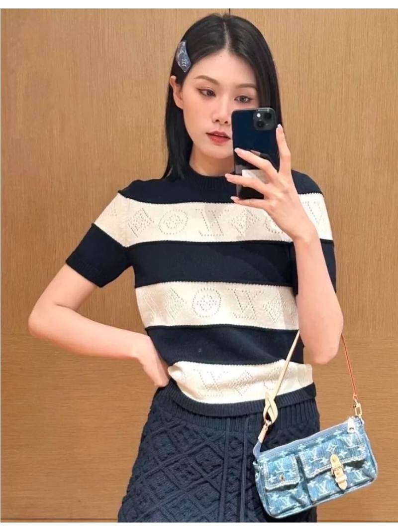 Louis Vuitton Nautical Striped Wool-Cashmere Pointelle Knit Short-Sleeved Sweater