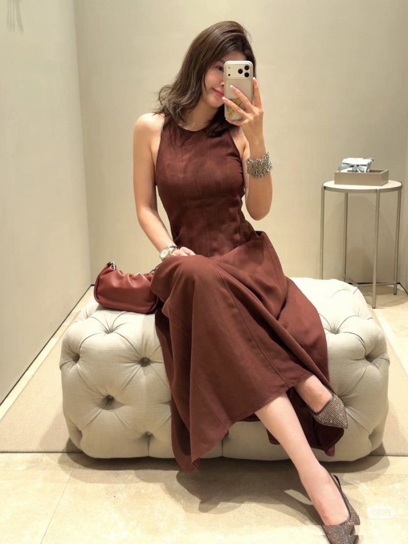 Brunello Cucinelli Wine Red Linen Sleeveless A-Line Maxi Dress