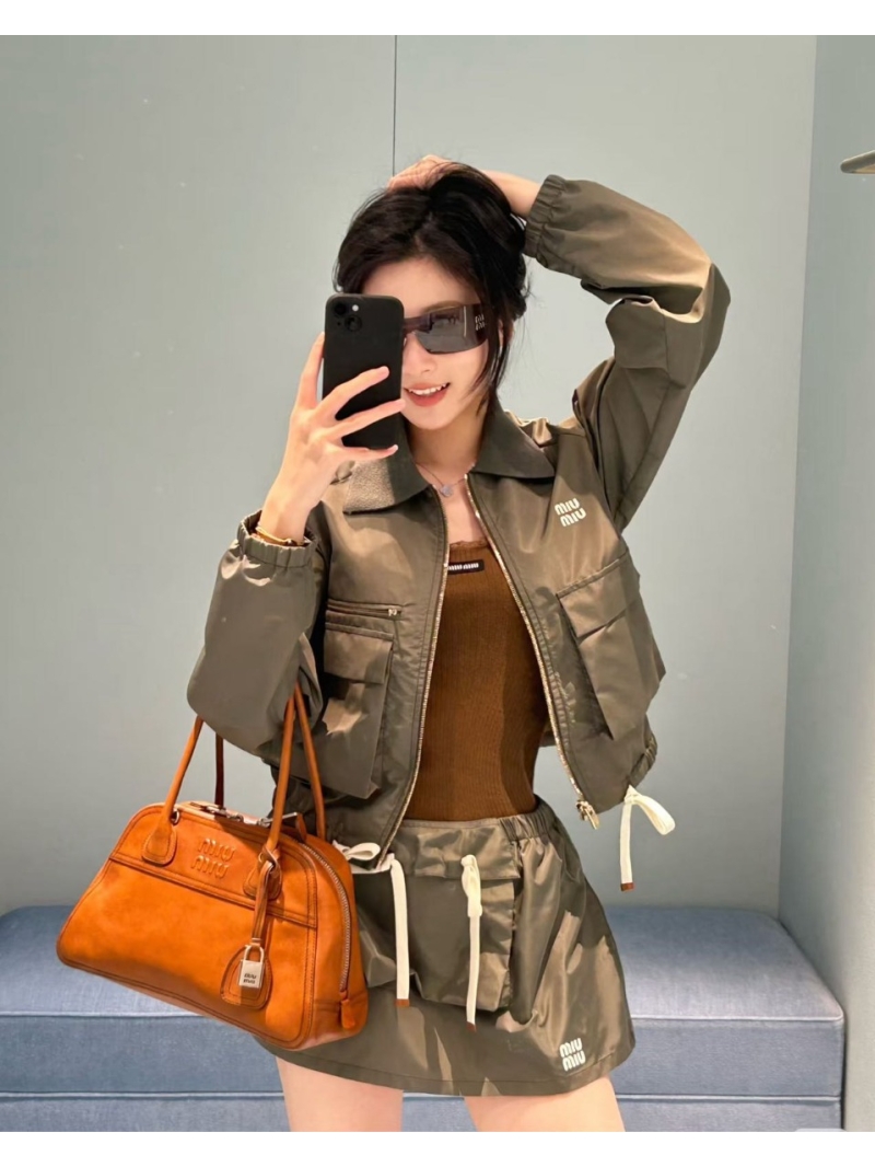 Miu Miu Imported Memory Silk Utility Jacket and Cargo Mini Skirt Set in Olive Green