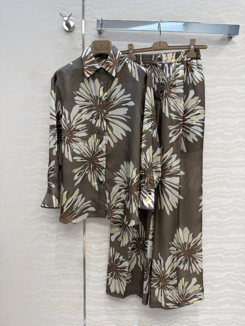 Brunello Cucinelli 100% Mulberry Silk Floral Print Relaxed Shirt with Signature Monili Cuffs