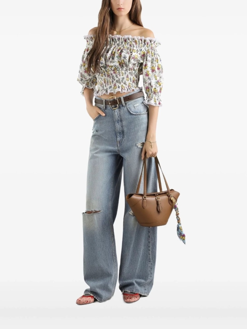 Dolce & Gabbana 100% Cotton Floral Off-The-Shoulder Puff Sleeve Top