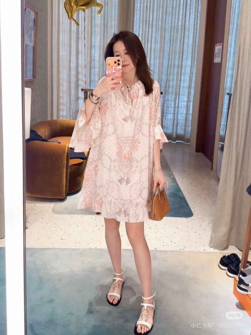 Hermes Pale Pink Floral Placement Print Silk Twill Dress