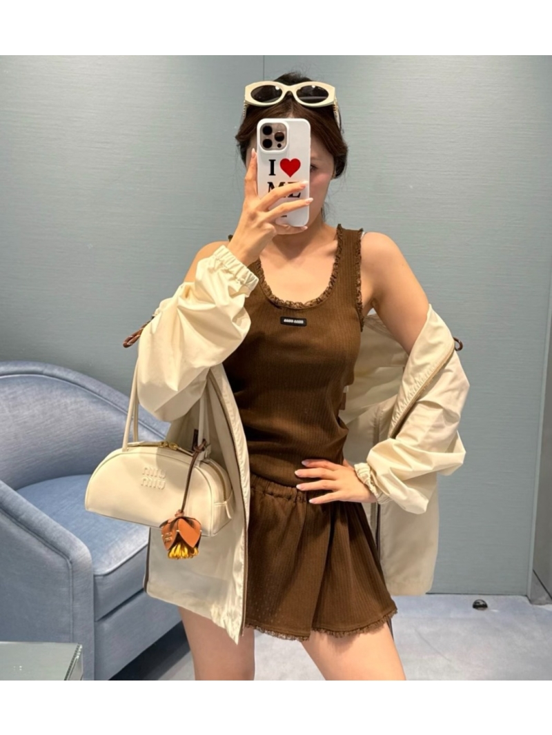 Miu Miu Ribbed Knit Pointelle Lace Mini Skirt in Chocolate Brown