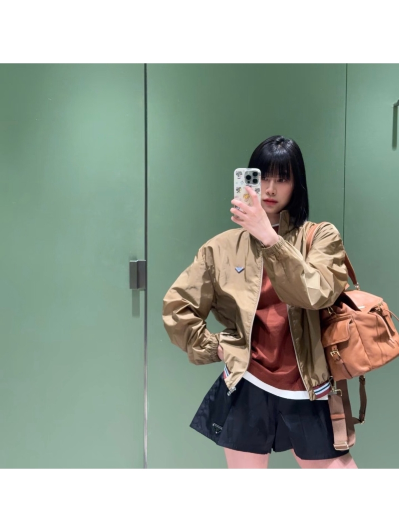Prada Khaki Gold Metallic Utility Bomber Jacket - Spring 2026 Collection