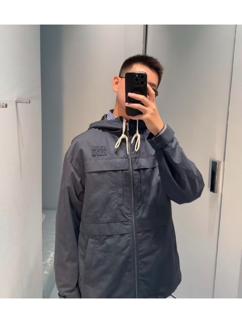 Miu Miu Ripstop Hooded Workwear Jacket in Navy Blue - Relaxed Fit Luxury Windbreaker