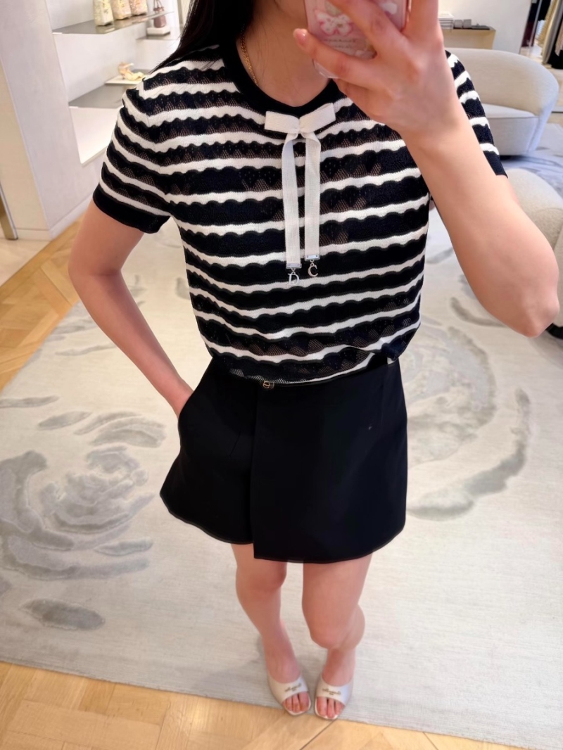 Dior Miss Dior Garden World Scalloped Ripple Stripe Knit Short-Sleeve Sweater in Navy and White