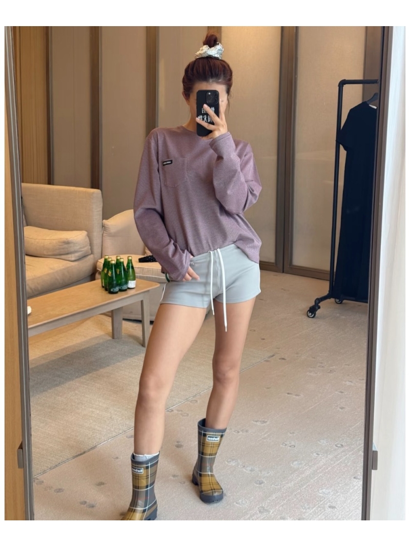 Miu Miu Dusty Pink Micro-Check Long-Sleeve T-Shirt - Relaxed Fit Luxury Top