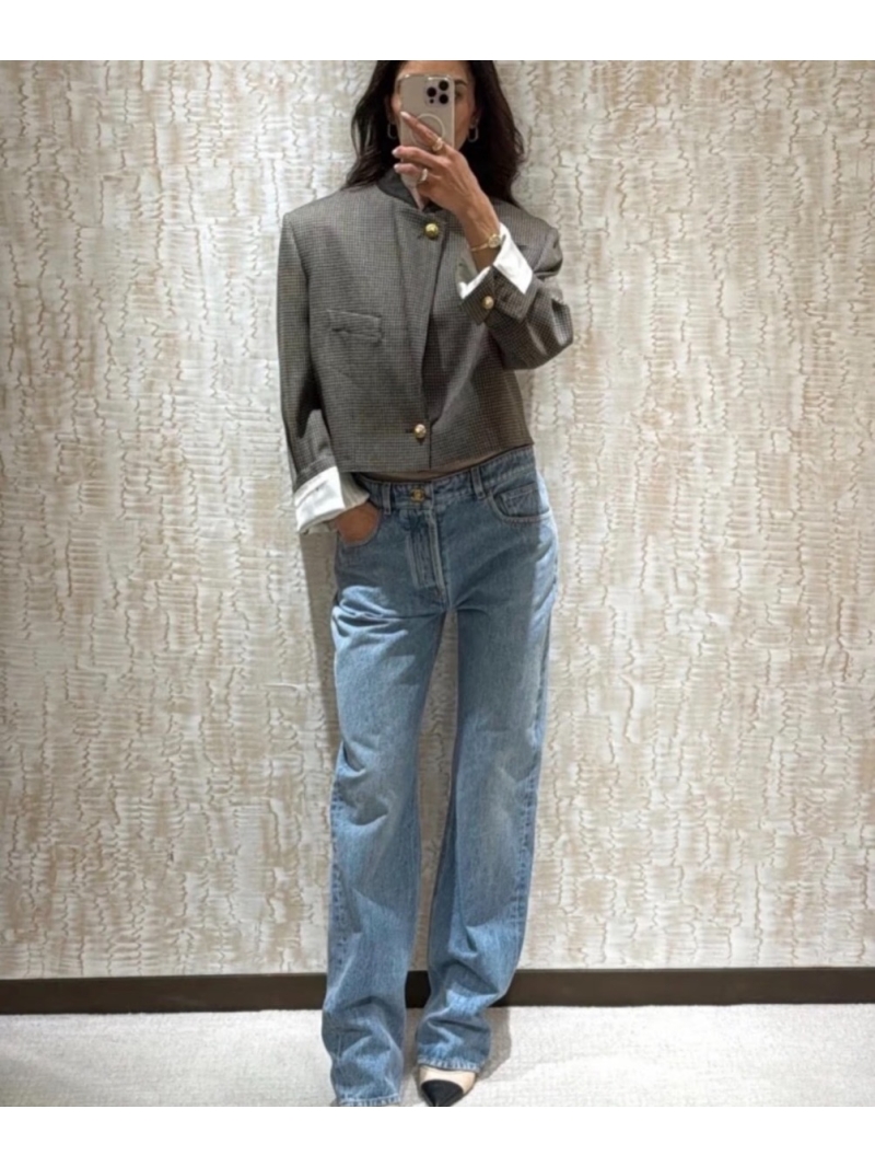 Chanel Micro-Houndstooth Cropped Jacket with Gold Crest Buttons in Taupe and Black