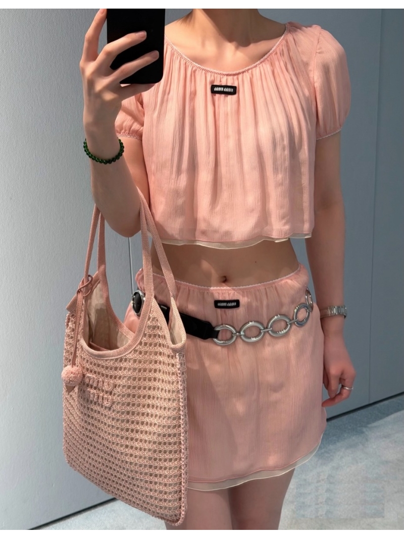 Miu Miu Peachy-Pink Crinkled Puff Sleeve Top & A-Line Skirt Set