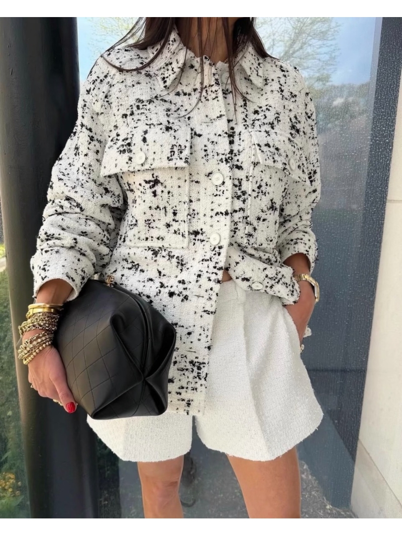Chanel Monochrome Ink-Splatter Tweed Jacket and A-Line Skirt Set