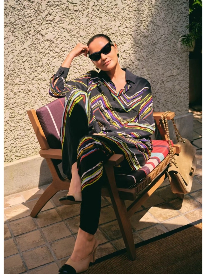 Chanel Wave-Stripe Silk Double Crepe Straight-Leg Trousers