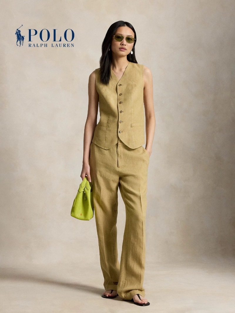 Ralph Lauren Sand-Washed Linen Tailored Vest in Sandy Mustard-Khaki