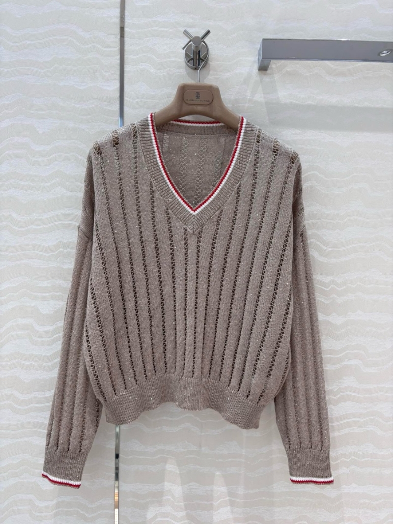 Brunello Cucinelli Open-Knit V-Neck Sweater Taupe – Luxurious and Timeless