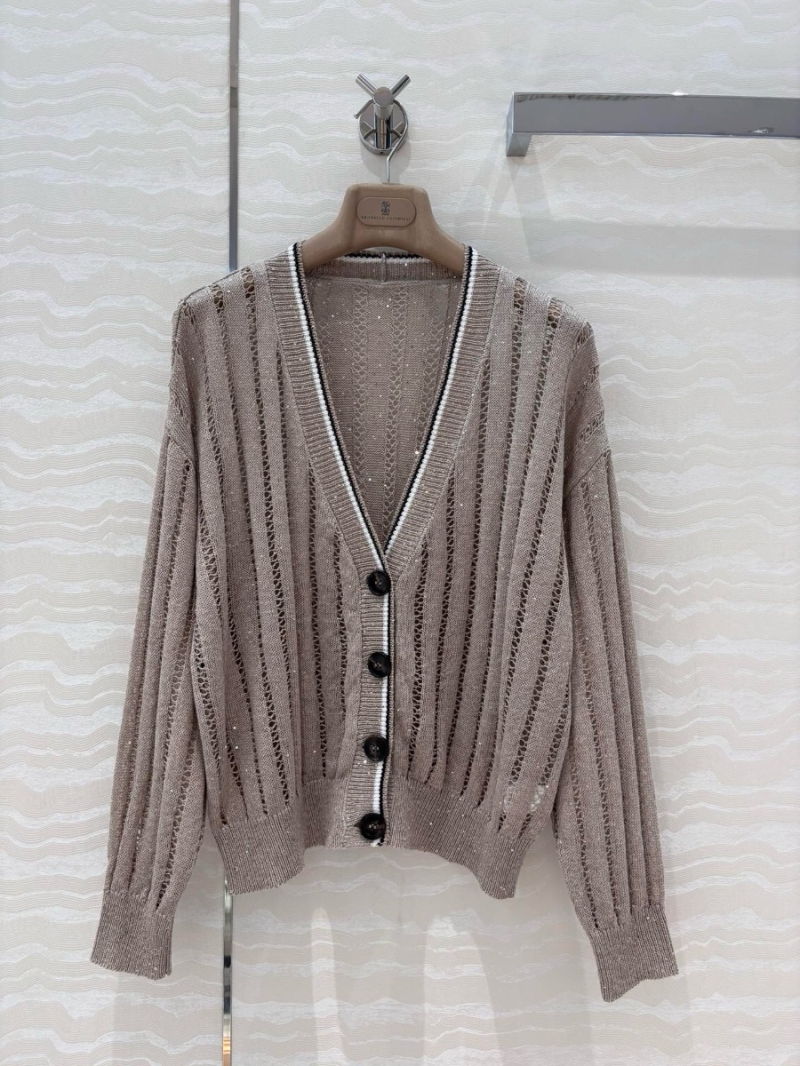 Brunello Cucinelli Open-Knit Sequined V-Neck Cardigan Taupe – Luxurious and Timeless