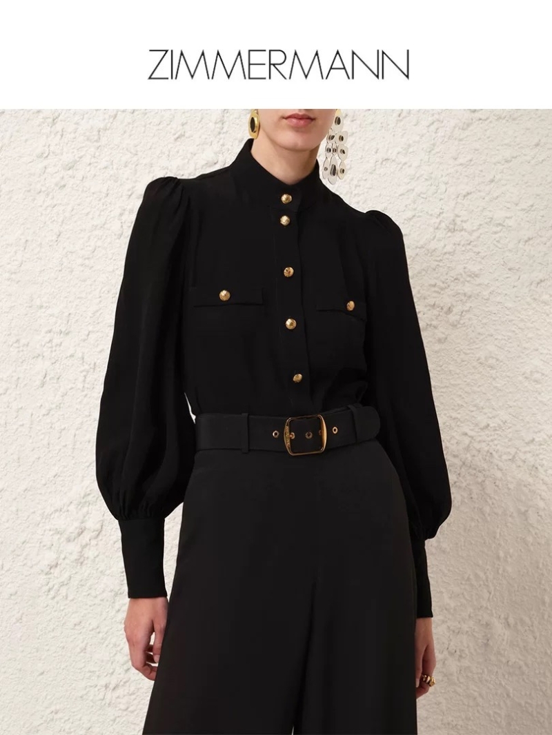 Zimmerman 24 SS Collection. Vintage Gold-Buckle Stand Collar Shirt. Black