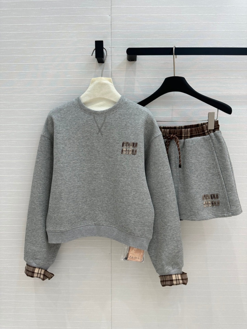 Miu Miu Vintage Two-Piece Plaid Trim Sweatshirt Set Gray