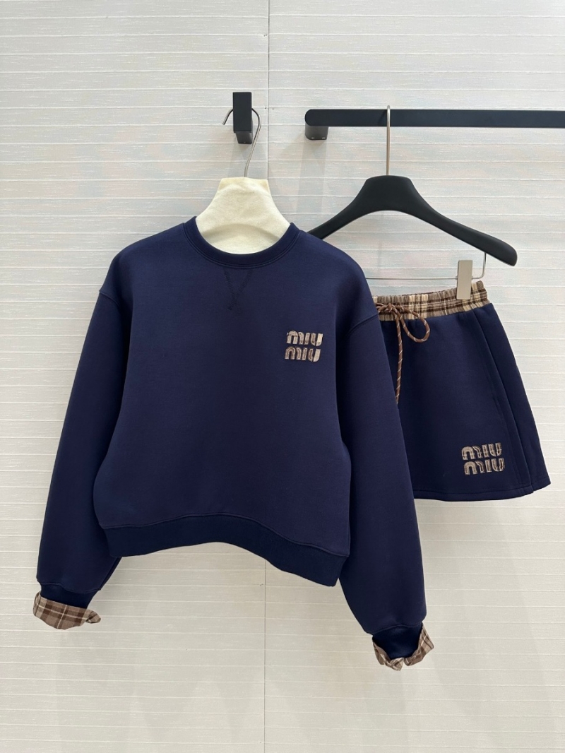 Miu Miu Vintage Two-Piece Plaid Trim Sweatshirt Set Navy Blue
