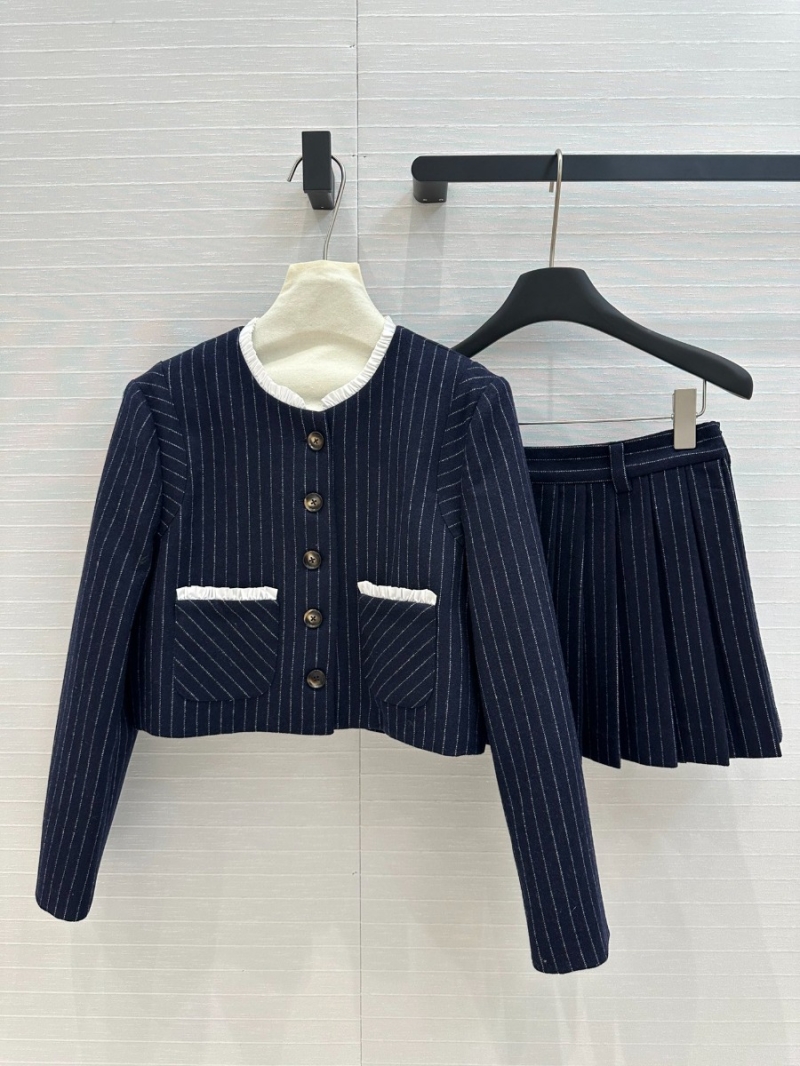 Miu Miu Striped Wool Suit Set Cropped Jacket with Pleated Skirt Blue