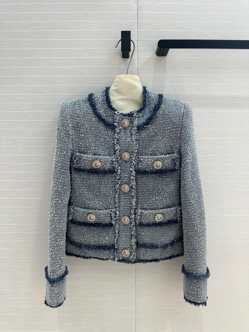Balmain 24 Early Fall Capsule Collection Silver Button Tweed Light Denim Blue Jacket