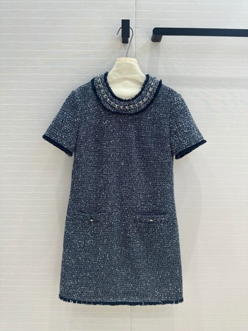 Balmain 24 Early Fall Capsule Collection Denim Tweed Dress. Dark Denim Blue