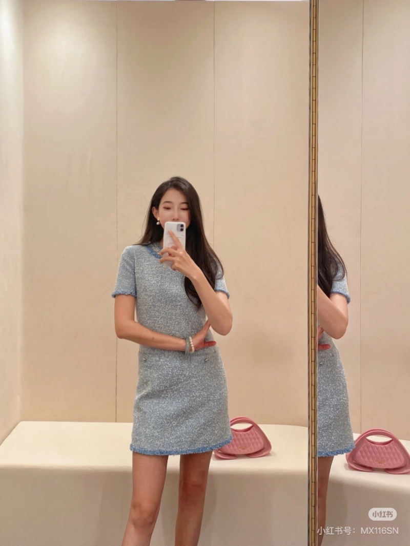 Balmain 24 Early Fall Capsule Collection Denim Tweed Dress. Light Denim Blue