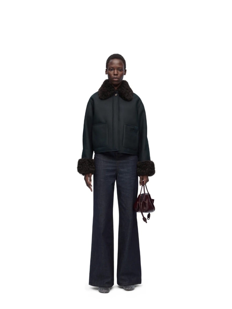 Loewe Alpine Collection Shearling Jacket - Short H-Line Leather Coat - Black