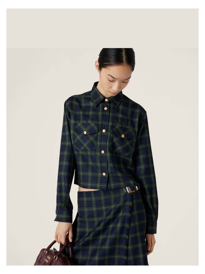 Miu Miu Vintage British Style Green Plaid Cropped Shirt
