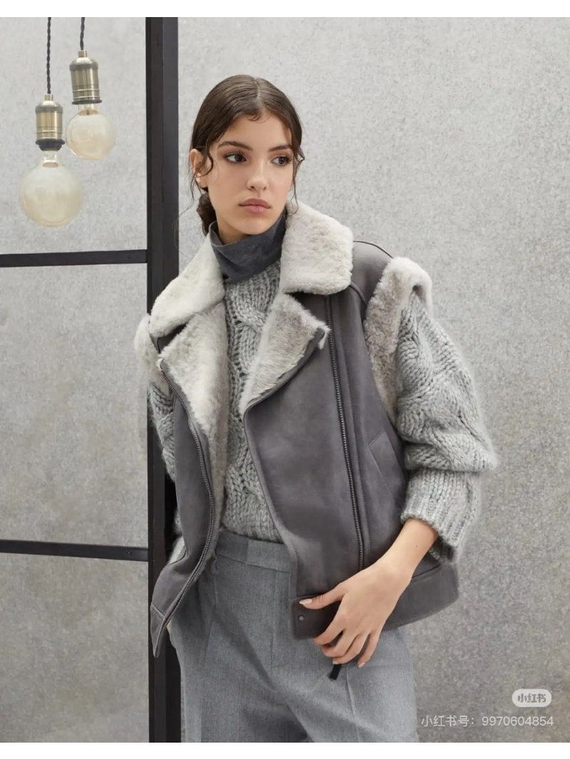 Brunello Cucinelli Early Winter Collection Merino Shearling Suede Vest - Gray