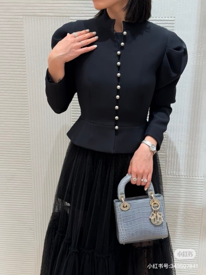 Dior Early Spring 2025 Collection Wool Silk Black Mandarin Collar Jacket - Pearl Button Detail