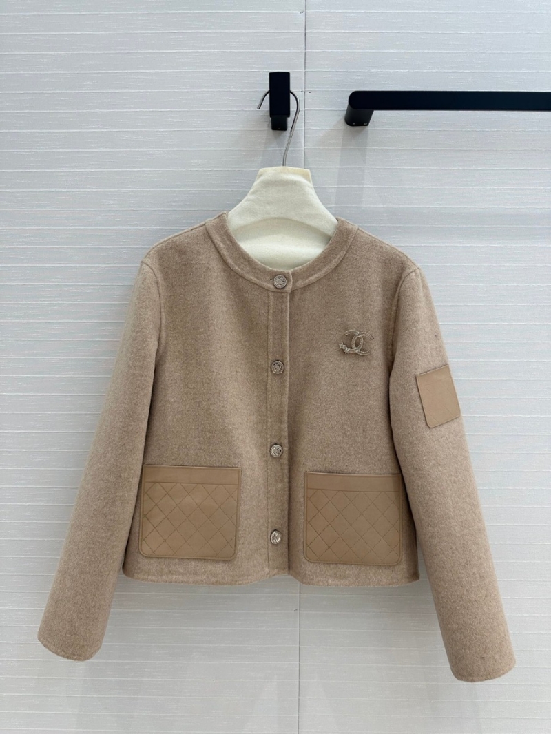 Chanel 24 B Collection Double-Faced Wool Jacket with Leather Trim. Beige