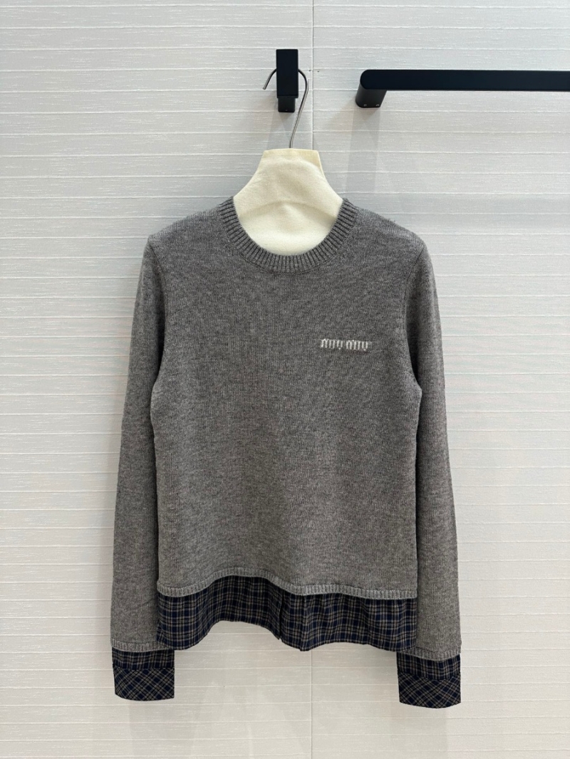 Miu Miu Pre-Fall Vintage Plaid Layered Wool Knit Sweater - Gray