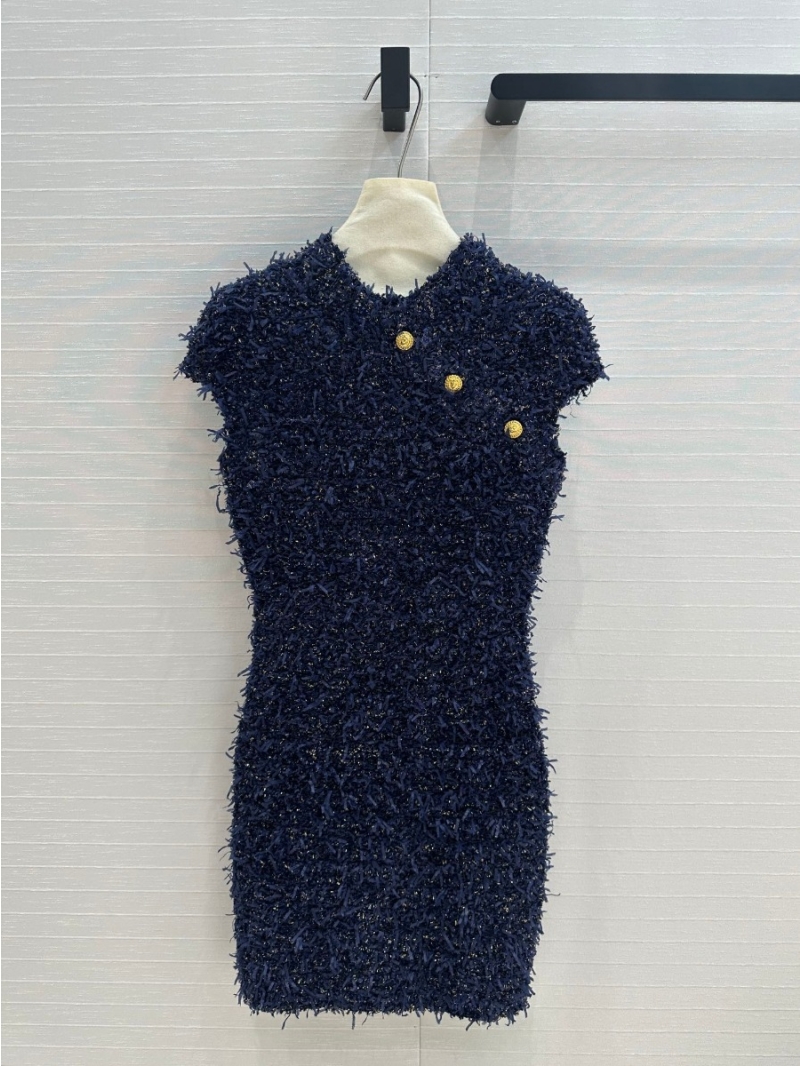 Balmain Pre-Fall Exclusive Gold-Thread Knit Dress with Button Details - Royal Blue