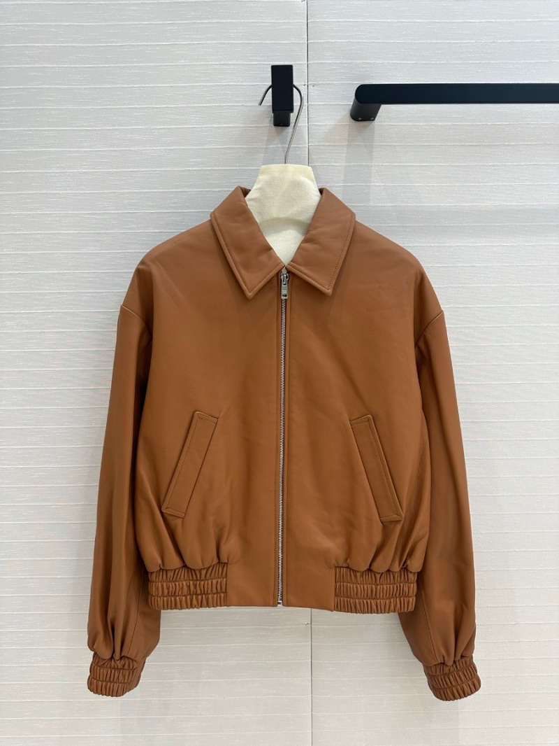 Prada Early Autumn Functional Leather Aviator Jacket in Camel
