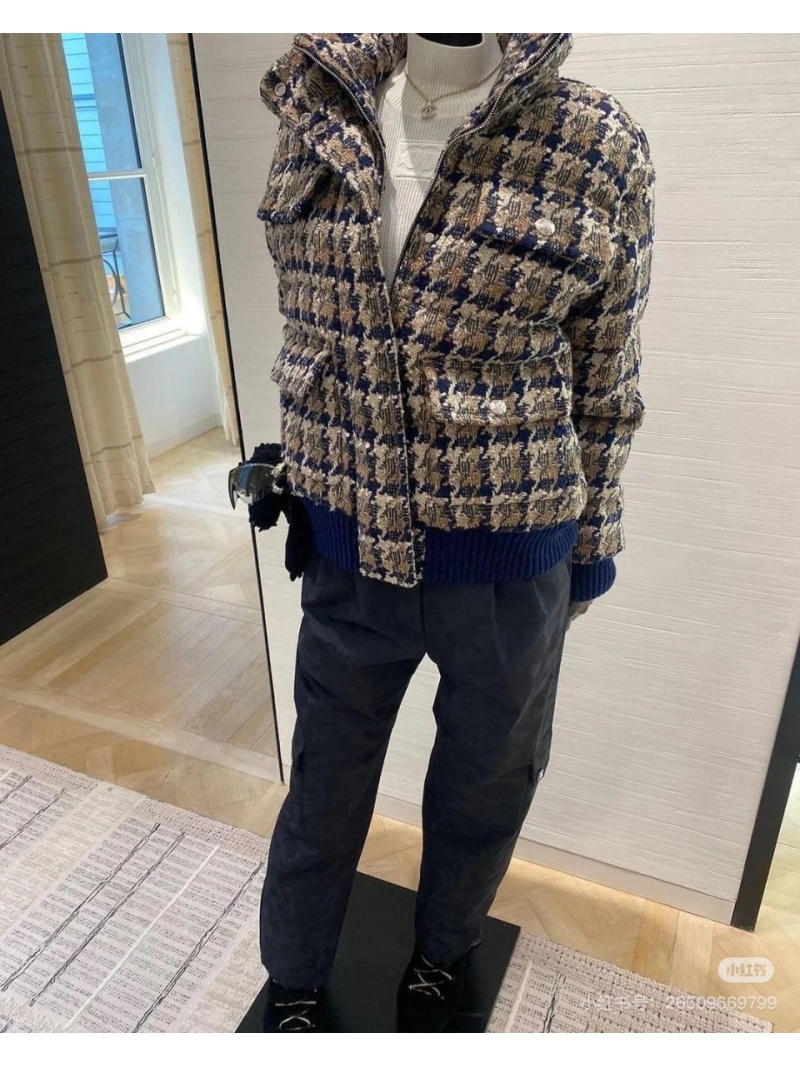 Chanel 24N Ski Collection Luxurious Tweed Down Jacket in Navy-Mocha Plaid
