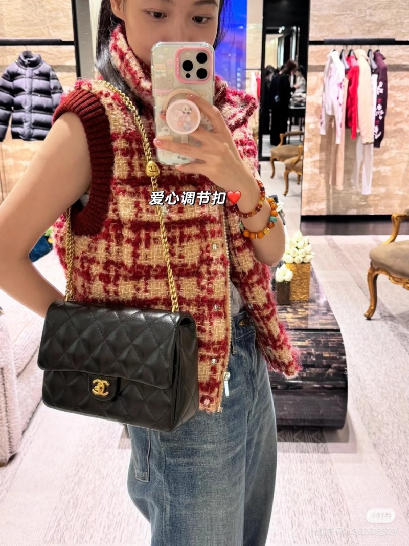 Chanel 24N Ski Collection Stylish Tweed Puffer Vest in Burgundy Plaid