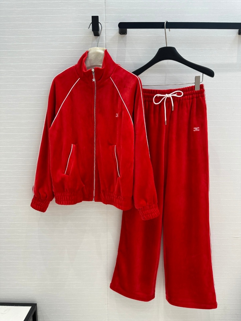 CELINE Fall/Winter 24 Velvet Sporty Tracksuit - Red