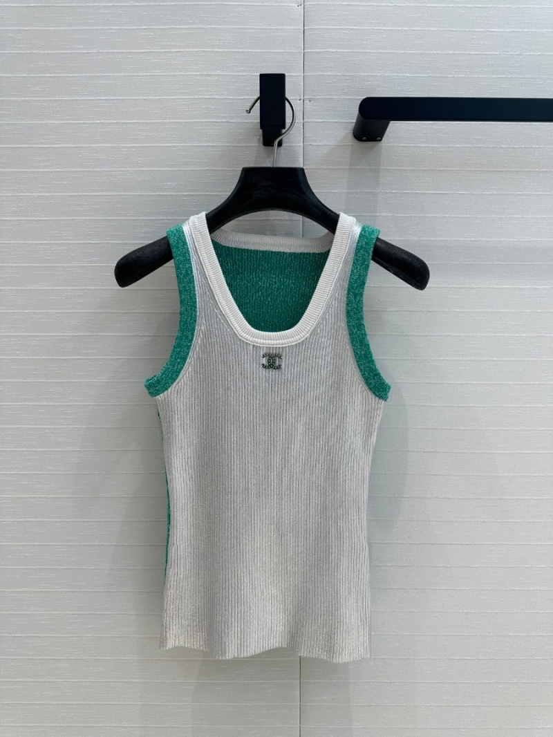 Chanel 25C Metallic Contrast Knit Tank Top – Silver with Green Accents