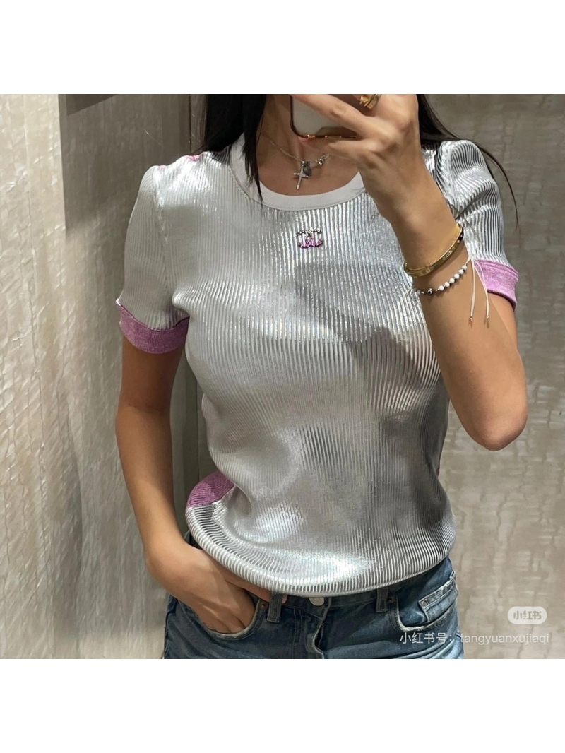 Chanel 25C Metallic Coated Knit Top – Silver with Pink Contrast Cuffs