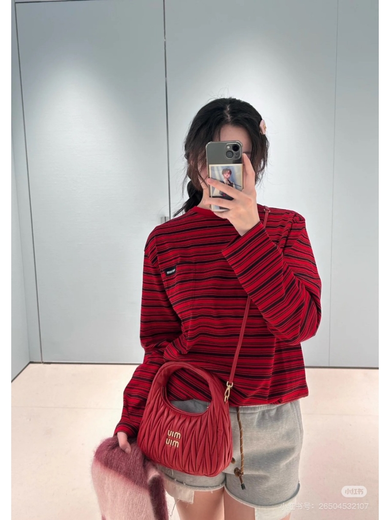 Miu Miu Early Spring Collection Red and Black Striped Long Sleeve T-Shirt