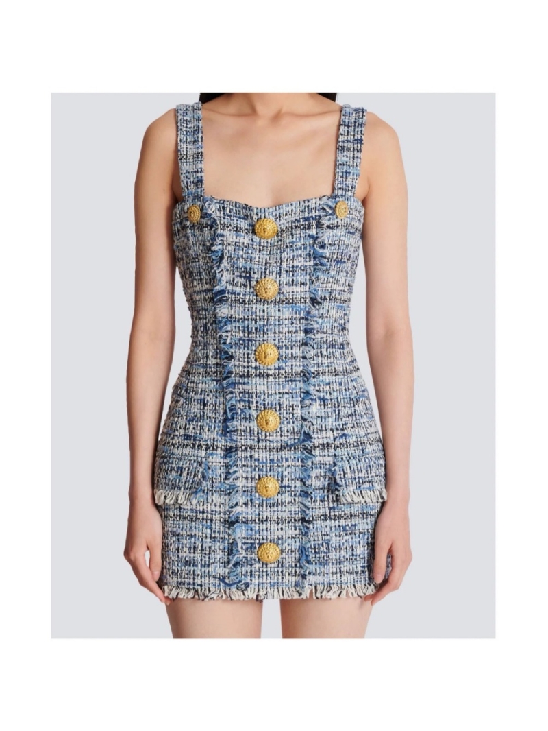 Balmain SS25 Elegant Blue and White Tweed Buttoned Dress