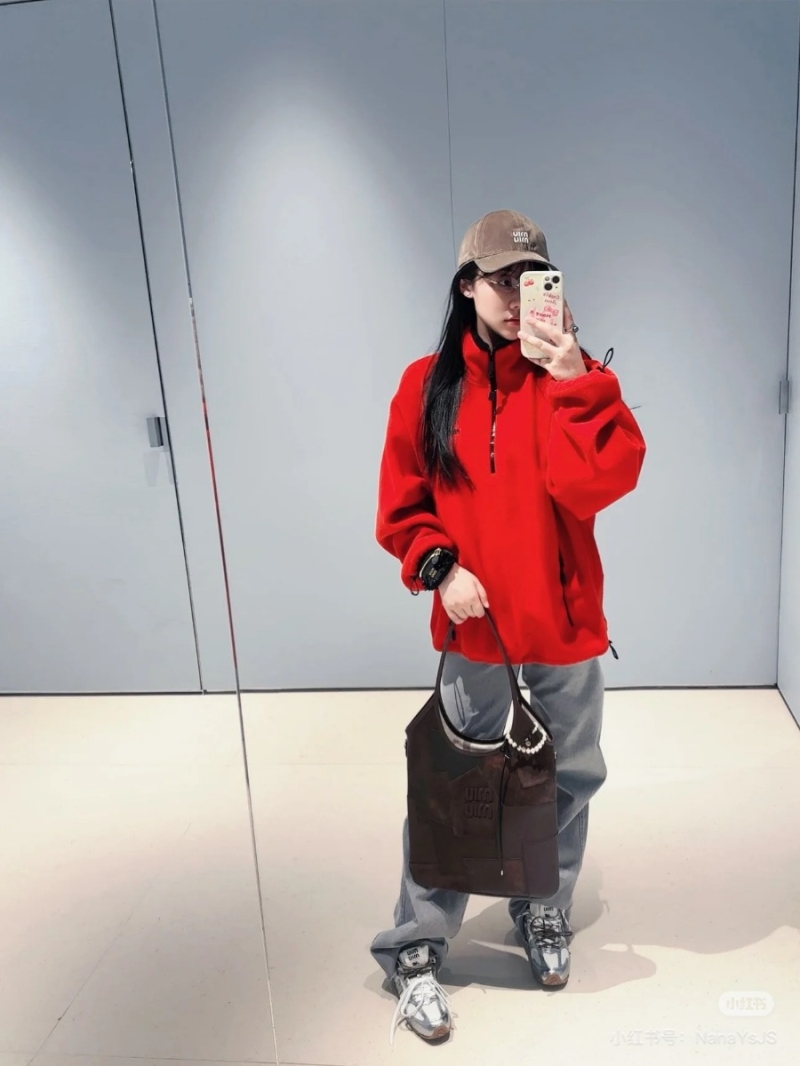 Miu Miu Sports Collection Red-Black Contrast Fleece Sweatshirt