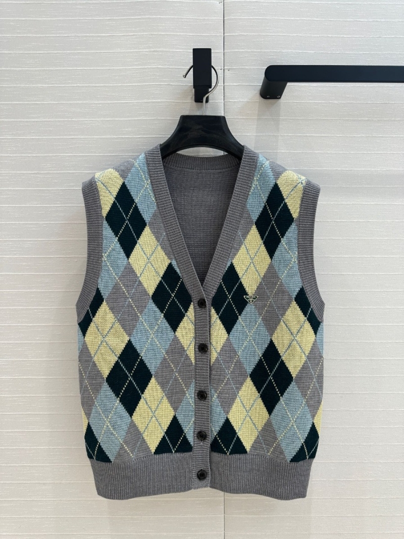 Prada 25S Collection Elegant Argyle Knit Wool Vest Multi-Color