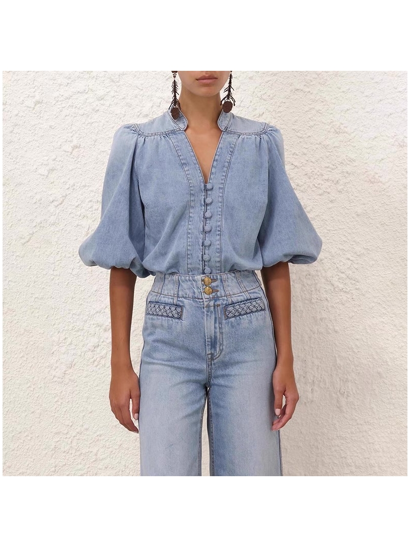 Zimmermann 25SS Resort Vintage-Washed Denim Shirt Light Blue